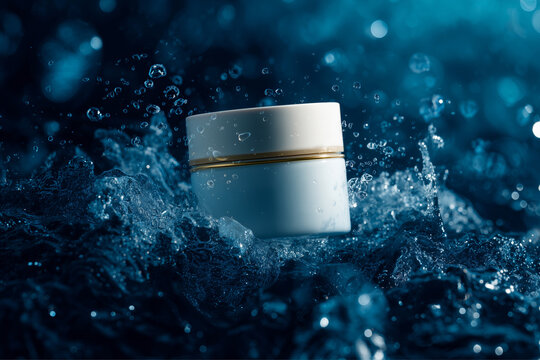 Crema hidratante de lujo con agua y burbujas, Cosm&eacute;tica de alta gama para publicidad de belleza, Mockup de crema facial premium para redes sociales, Est&eacute;tica acu&aacute;tica para producto de skincare