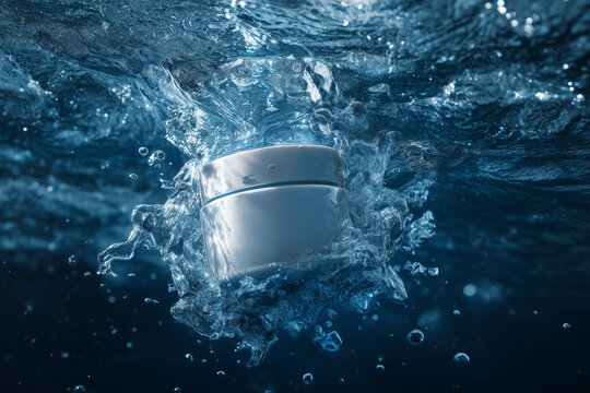 Crema facial de lujo bajo el agua, Mockup para marca de cosm&eacute;tica marina, Tarro de crema hidratante con salpicaduras de agua, Publicidad para producto de belleza premium