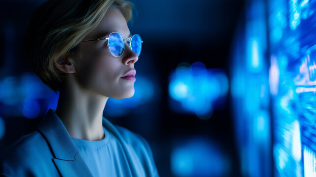 Focused cybersecurity specialist analyzing digital code reflected in glasses in a dark technology environment.
 - Powered by Adobe