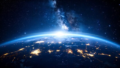 Stunning Earth From Space With Bright Lights And Nebula.