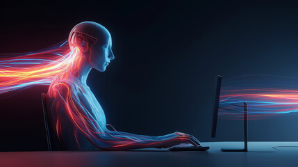 Futuristic transparent human figure working on a laptop with visible neural and data connections.
