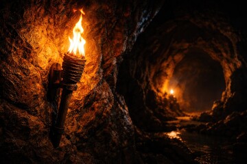Ancient Underground Tunnel with Burning Torch Light