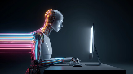 Futuristic human figure typing on a computer with glowing motion trails symbolizing speed and data flow.

