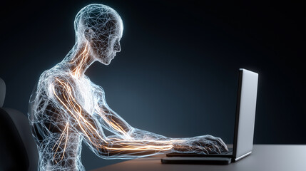 Futuristic transparent human figure working on a laptop with visible neural and data connections.
