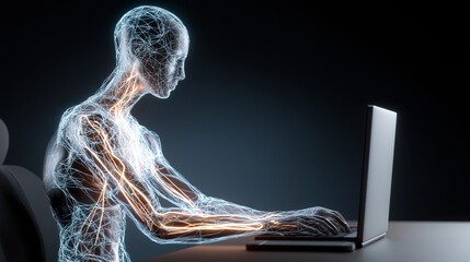 Futuristic transparent human figure working on a laptop with visible neural and data connections.
