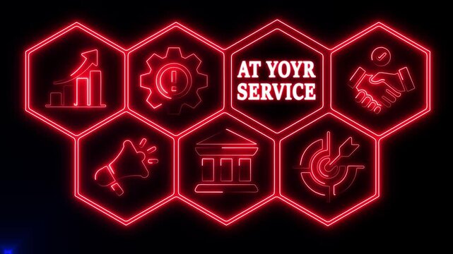AT YOYR SERVICE business concept. A neon read Business AT YOYR SERVICE concept. Hi tech  graphic background. Business, technology, marketing, internet and networking concept. 4k video motion graphic	