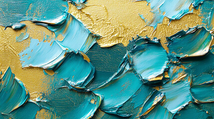 Close-up of abstract blue, green, turquoise, and gold painting texture with oil or acrylic brushstrokes and palette knife marks, showcasing vibrant, tactile, and artistic detail