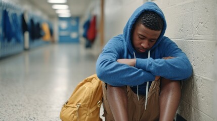 A young Black boy in a blue hoodie and brown shorts sits with his knees up in a school hallway, expressing feelings near his backpack