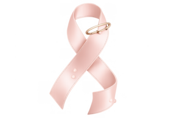 Pink ribbon with gold halo symbolizing breast cancer awareness, support, hope, and remembrance on transparent background
