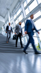 Obraz premium Group of business professionals walking up stairs inside a modern corporate building. 