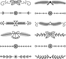 A collection of festive black outline Christmas and winter themed horizontal page dividers with holly, snowflakes, pine branches