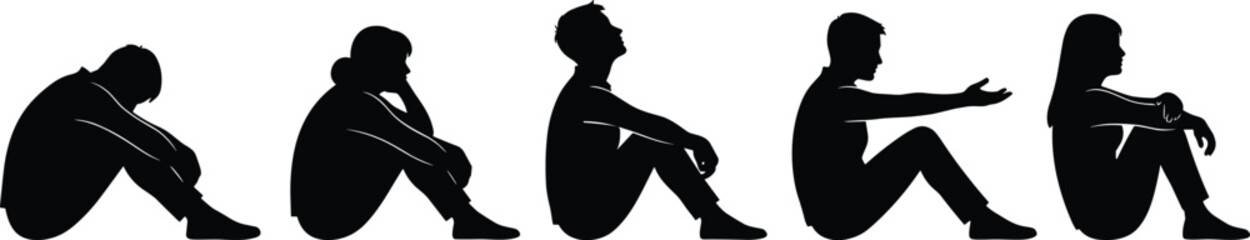 Silhouettes of seated individuals in emotional postures, black figures, expressive progression, transparent background, psychological and recovery illustration