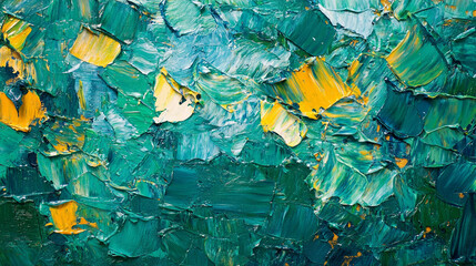 Close-up of abstract blue, green, turquoise, and gold painting texture with oil or acrylic brushstrokes and palette knife marks, showcasing vibrant, tactile, and artistic detail