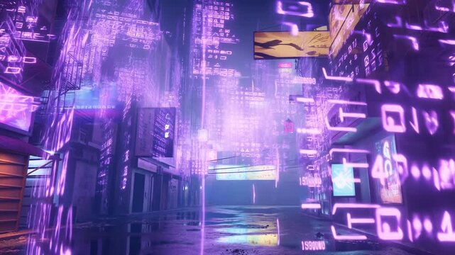 A stunning neon-lit urban landscape filled with vibrant colors and digital typography, showcasing the captivating interplay of light and reflection in a futuristic city scene.