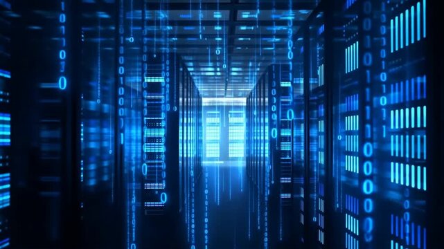 A Futuristic Data Center Illuminated by Blue Light, Featuring Rows of High-Tech Servers and Digital Data Streams Flowing Through the Aisle, Symbolizing Advanced Technology and Computing Power
