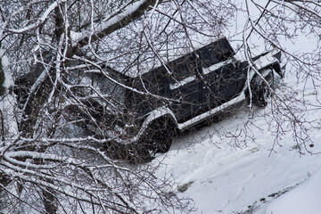trees in the snow and an SUV in the snow
