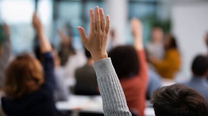 Raised hand of an audience member during a conference or public discussion event.
