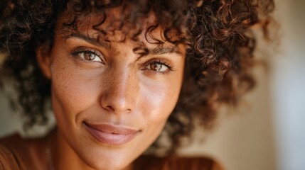 Young Black woman with glowing skin and wavy hair poses for the camera with a smile in a warm and neutral setting