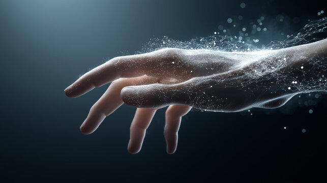 Human hand touching a glowing surface with floating digital particles symbolizing technology interaction.
 - Powered by Adobe