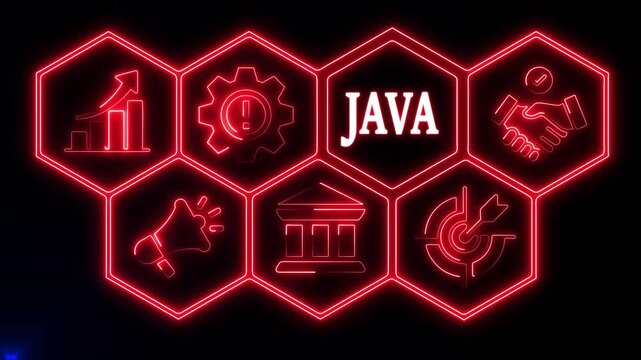 JAVA business concept. A neon read Business JAVA concept. Hi tech motion graphic background. Business, technology, marketing, internet and networking concept. 4k video motion graphic	