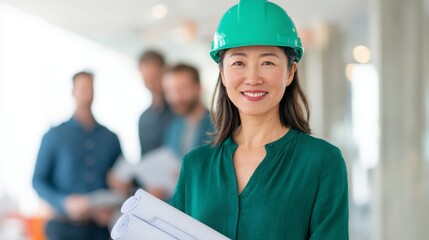 Young woman stands in an office workspace holding blueprints and a safety helmet while colleagues collaborate in the background under soft daylight