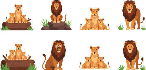 Cute Cartoon Lion Family Vector Set with Male Female and Baby Cubs Safari Wildlife Characters © sahajahan