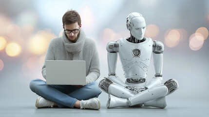 Human and humanoid robot sitting side by side with laptops, symbolizing collaboration and learning between people and artificial intelligence.
