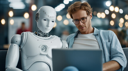 Human professional collaborating with a humanoid robot while working on a laptop in a modern workspace.

