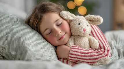 Child sleeps in warm bedroom with soft light, holding a stuffed toy close, surrounded by striped bedding and a peaceful setting