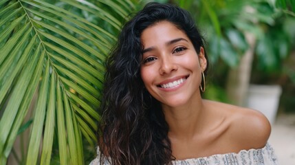 Young Latina woman with long wavy hair smiles in a garden surrounded by green tropical leaves under soft natural light