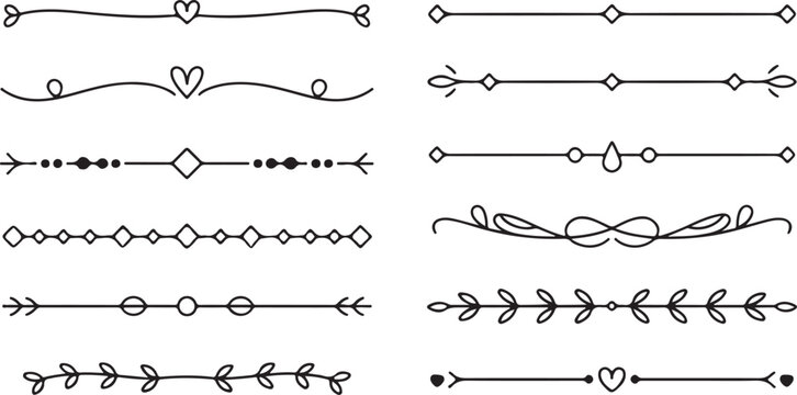 Collection of elegant black line dividers with hearts and leaves on a clean white background