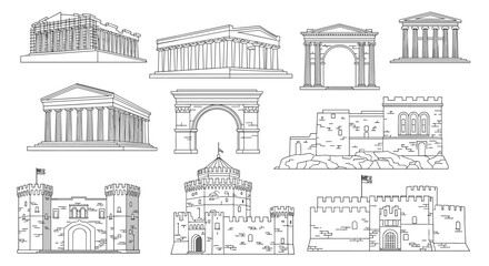 Obraz premium Collection of architectural sketches featuring ancient greek temples, roman arches, and medieval castles in a black and white line art style.