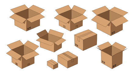 Fototapeta premium Set of various cardboard shipping boxes in different open and closed positions for logistics, moving, and delivery services concepts.