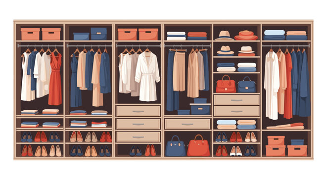 Neatly organized large wardrobe closet with various clothes, shoes, bags, and accessories arranged on shelves and hanging rods for home.