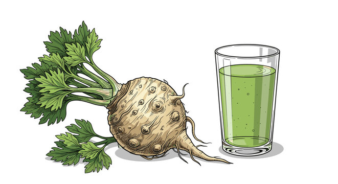 Illustration of a whole celeriac root vegetable next to a glass of fresh green vegetable juice for health and wellness marketing materials.