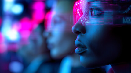 Side profile of diverse people illuminated by digital holographic interfaces symbolizing future technology and connectivity.
