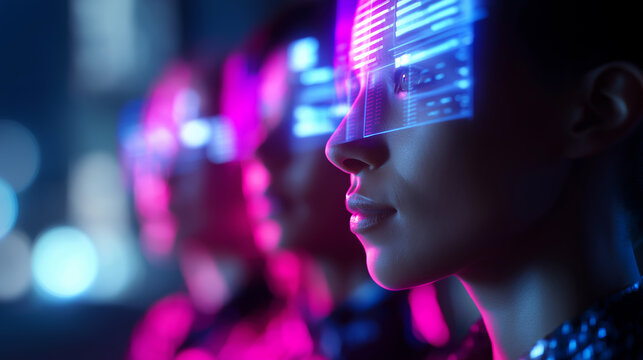 Side profile of diverse people illuminated by digital holographic interfaces symbolizing future technology and connectivity.
 - Powered by Adobe