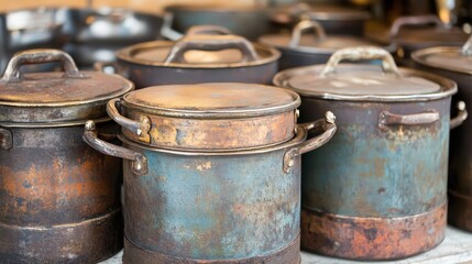 A collection of old metal cooking pots with handles stacked together demonstrating vintage kitchen cookware