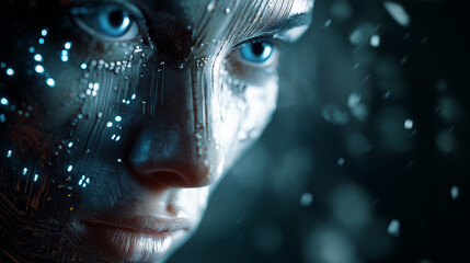 Multiple human profiles with neon light trails symbolizing digital identity and artificial intelligence.
