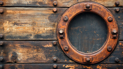 Close-up of an old rusty closed porthole window set in rich wooden background, highlighting aged metal, textured knots, and vintage nautical aesthetic