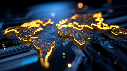 Glowing world map formed by connected light lines representing global digital data networks.
