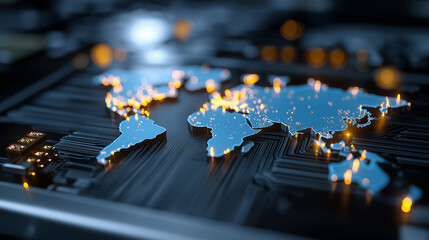 Glowing world map formed by connected light lines representing global digital data networks.
