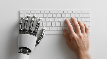Human hand and robotic hand typing together on a keyboard symbolizing human AI collaboration.
