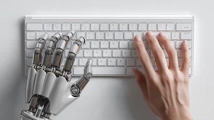 Human hand and robotic hand typing together on a keyboard symbolizing human AI collaboration.
