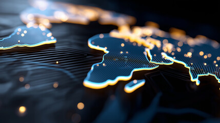 Abstract digital world map with glowing lines and nodes representing global connectivity and data flow.