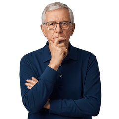 Thoughtful older man in blue shirt isolated on transparent background
