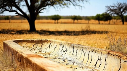 A dry cracked empty trough with a dusty surface reflects the arid landscape with trees under bright sunlight