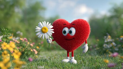 Heart Character Holding Daisy in Garden Vector Illustration
