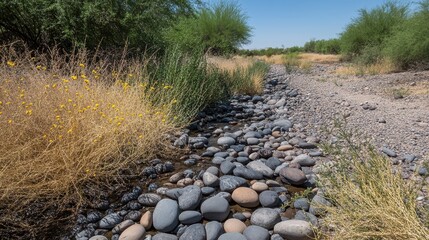 Obraz premium A dry riverbed filled with scattered pebbles and stones with sparse vegetation and water under a clear blue sky