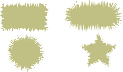 An arrangement of four uniquely shaped, light green figures with a rough, fragmented outline.